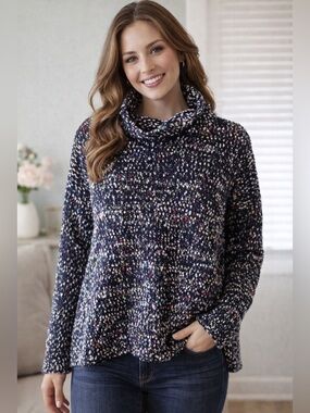 Lee Womens Sz S Long Sleeve Sweater Cowl Neck Super Soft Colorful Cable Knit